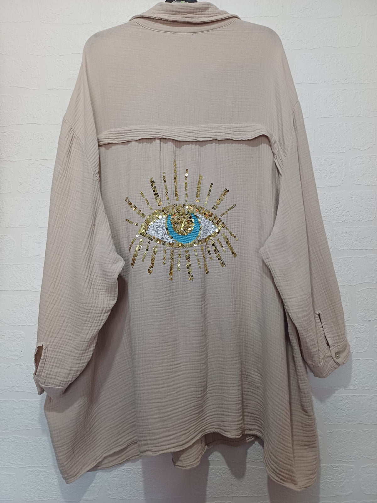 Women's Shirt Made in Italy Beige Double Gauze Cotton Sequin Evil Eye Oversized One Size Very Good Pre-owned Condition
