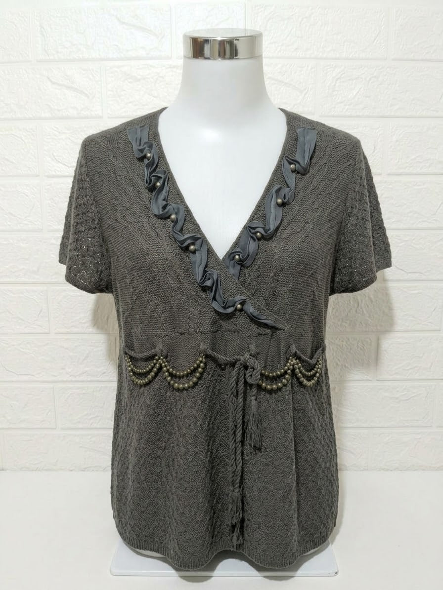 Women's Tunic Top Vogue Dark Grey Beaded Short Sleeve Open Knit Size L (Approx. UK 12–14) Very Good Condition
