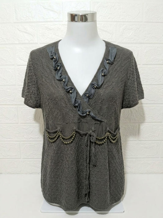 Women's Tunic Top Vogue Dark Grey Beaded Short Sleeve Open Knit Size L (Approx. UK 12–14) Very Good Condition