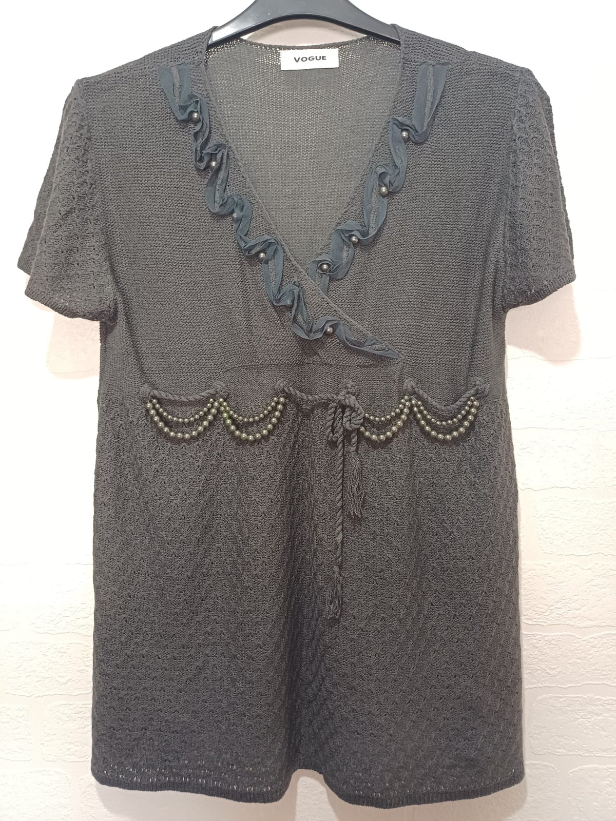 Women's Tunic Top Vogue Dark Grey Beaded Short Sleeve Open Knit Size L (Approx. UK 12–14) Very Good Condition