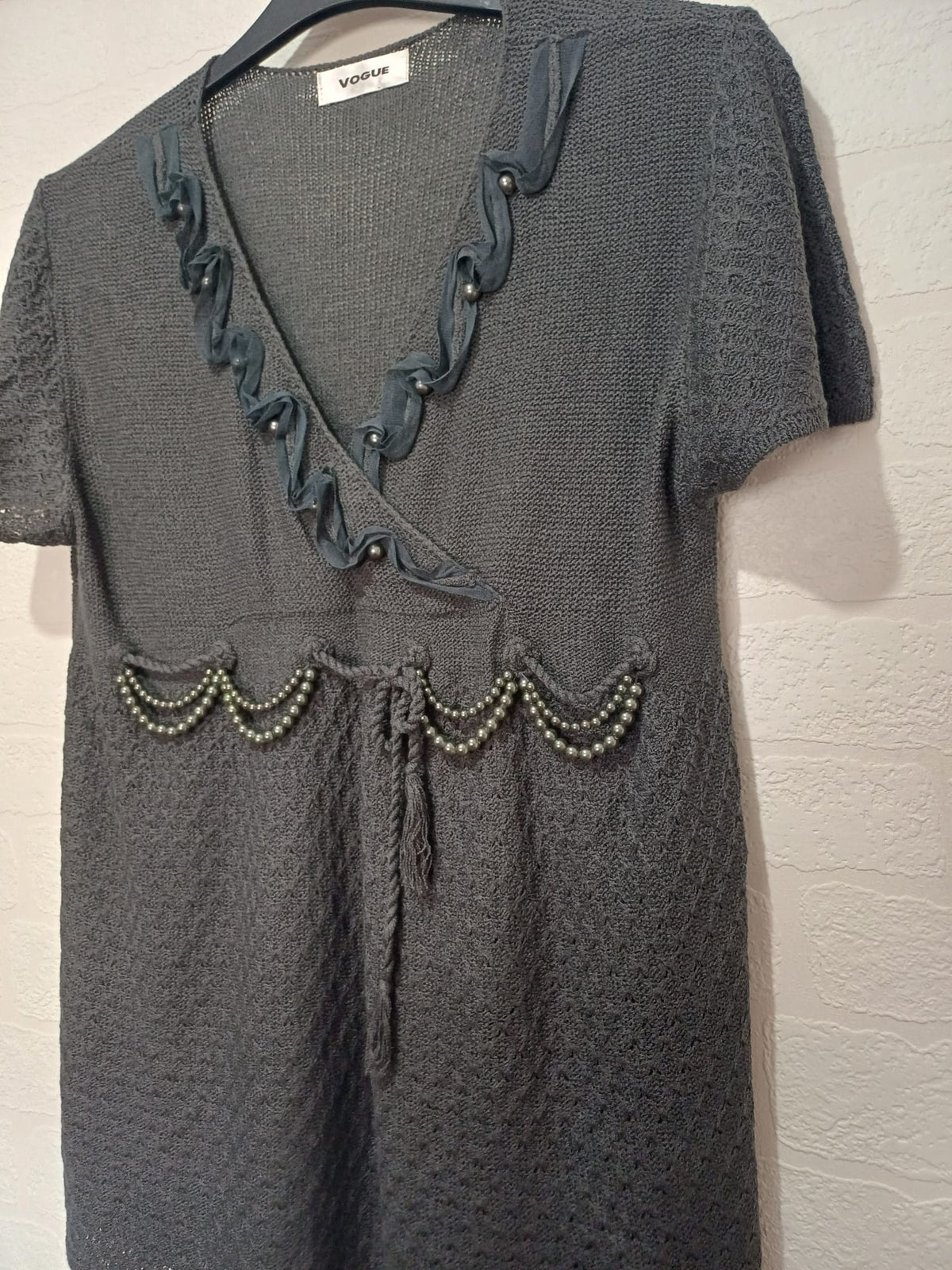 Women's Tunic Top Vogue Dark Grey Beaded Short Sleeve Open Knit Size L (Approx. UK 12–14) Very Good Condition