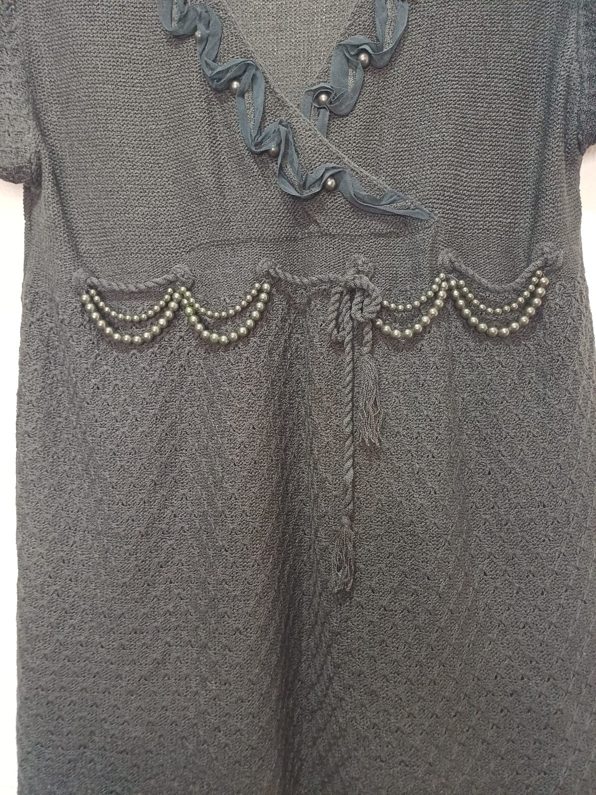 Women's Tunic Top Vogue Dark Grey Beaded Short Sleeve Open Knit Size L (Approx. UK 12–14) Very Good Condition
