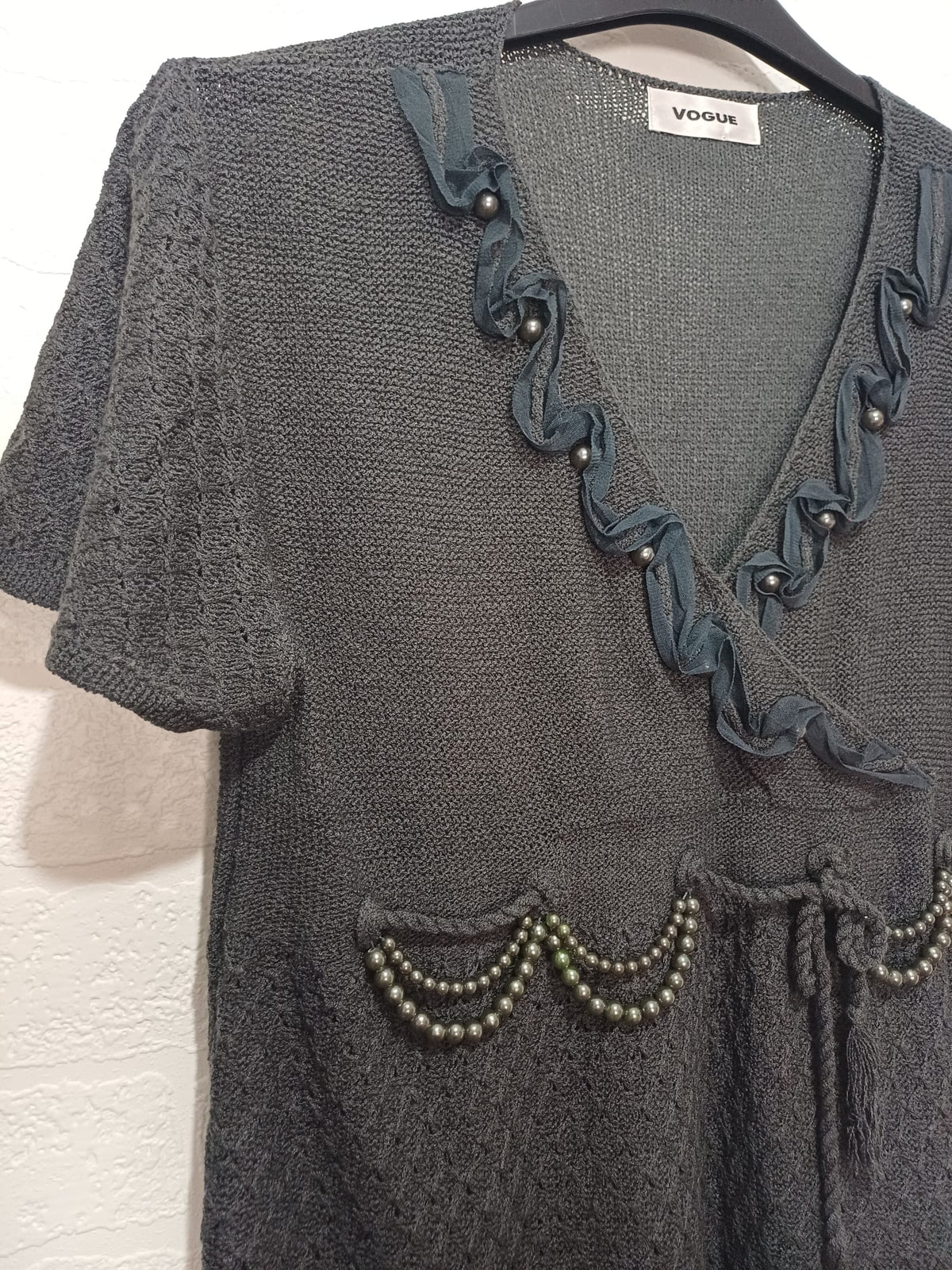Women's Tunic Top Vogue Dark Grey Beaded Short Sleeve Open Knit Size L (Approx. UK 12–14) Very Good Condition