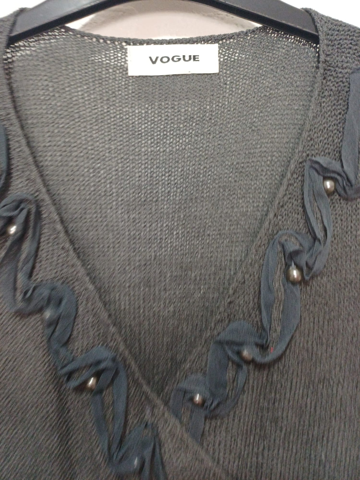 Women's Tunic Top Vogue Dark Grey Beaded Short Sleeve Open Knit Size L (Approx. UK 12–14) Very Good Condition