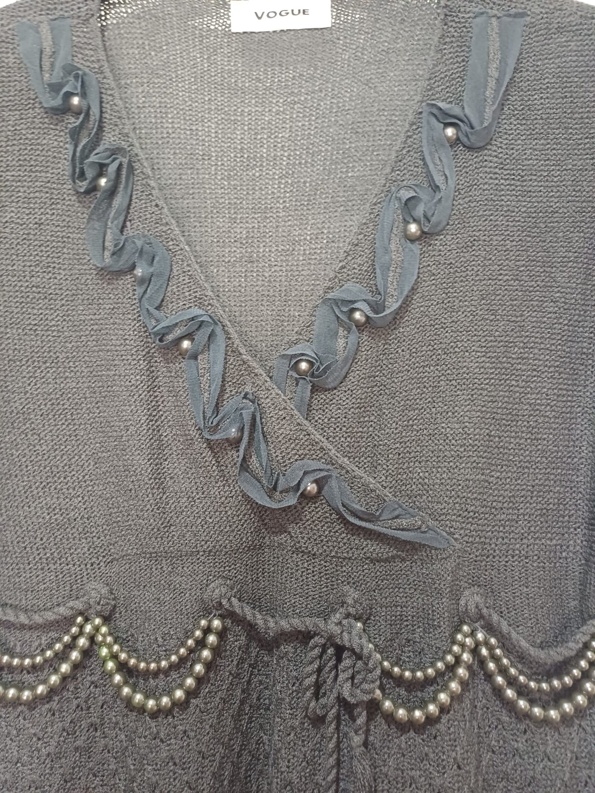 Women's Tunic Top Vogue Dark Grey Beaded Short Sleeve Open Knit Size L (Approx. UK 12–14) Very Good Condition