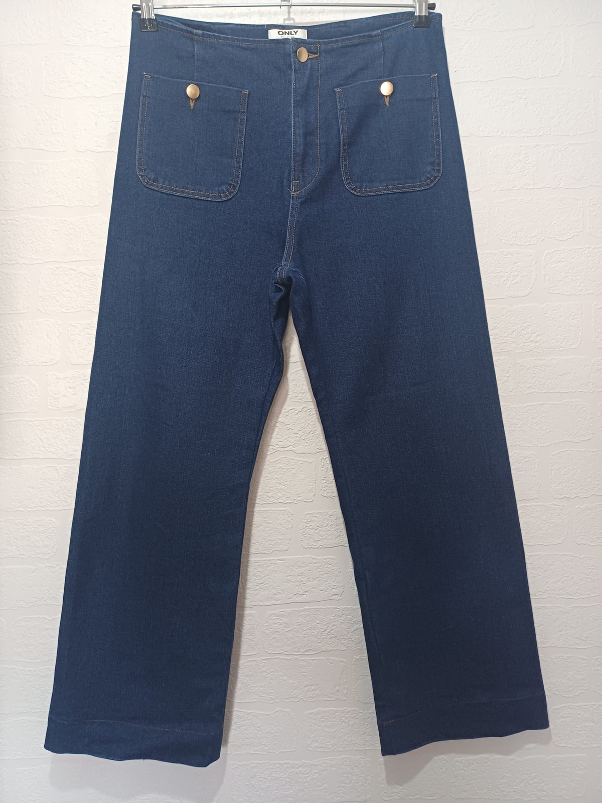 Women's Jeans ONLY Dark Wash High-Waisted Wide Leg Patch Pockets Approx. W32 L28 Very Good Pre-Owned Condition