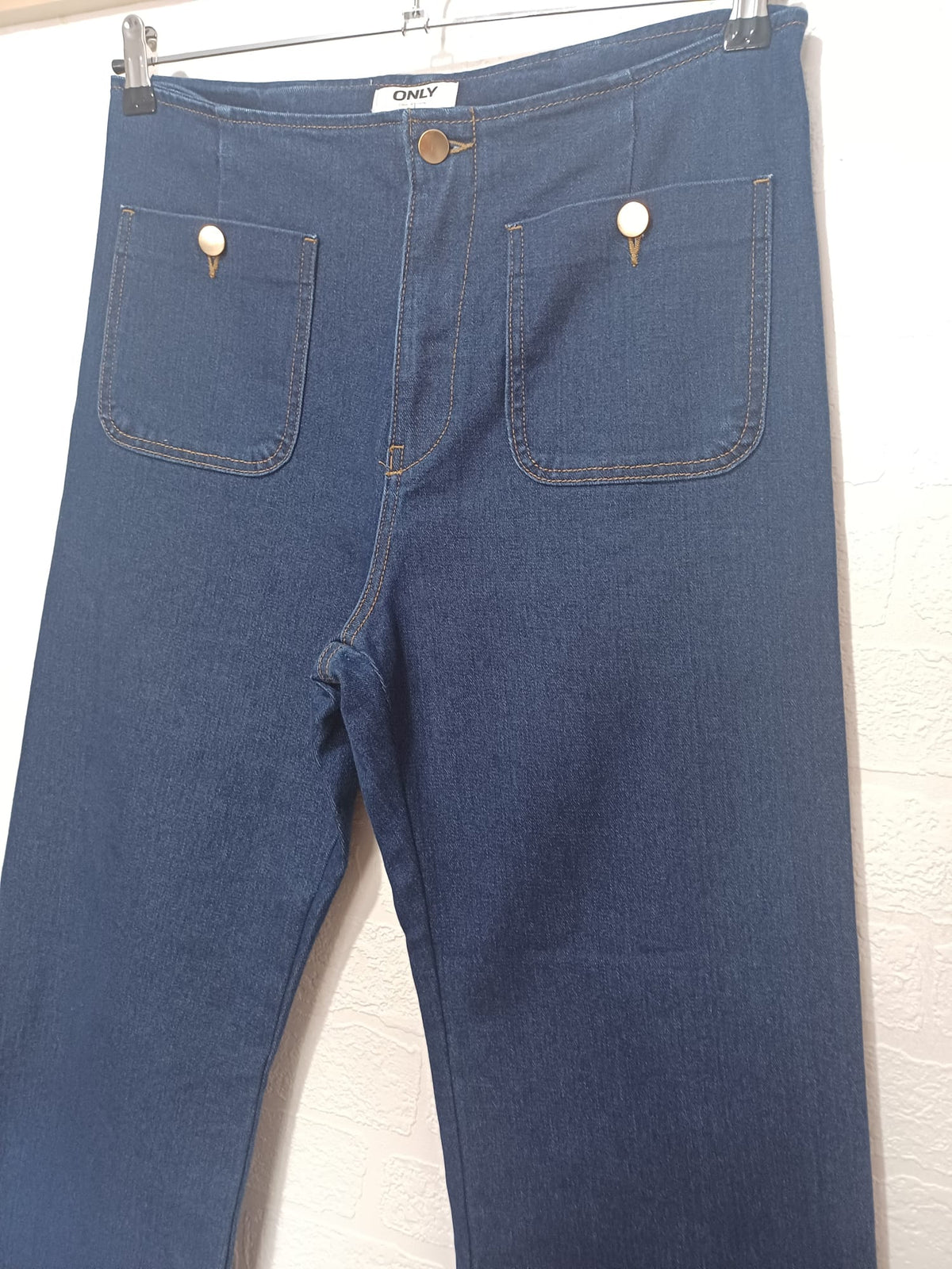 Women's Jeans ONLY Dark Wash High-Waisted Wide Leg Patch Pockets Approx. W32 L28 Very Good Pre-Owned Condition