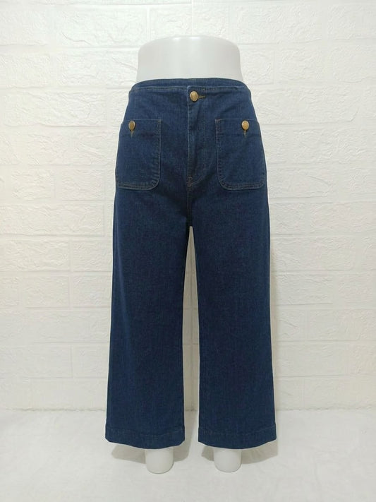 Women's Jeans ONLY Dark Wash High-Waisted Wide Leg Patch Pockets Approx. W32 L28 Very Good Pre-Owned Condition