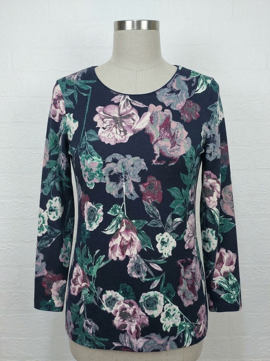 Women's Top M&S Classic Navy Floral Long Sleeve Tunic UK 10 Very Good Pre-Owned Condition