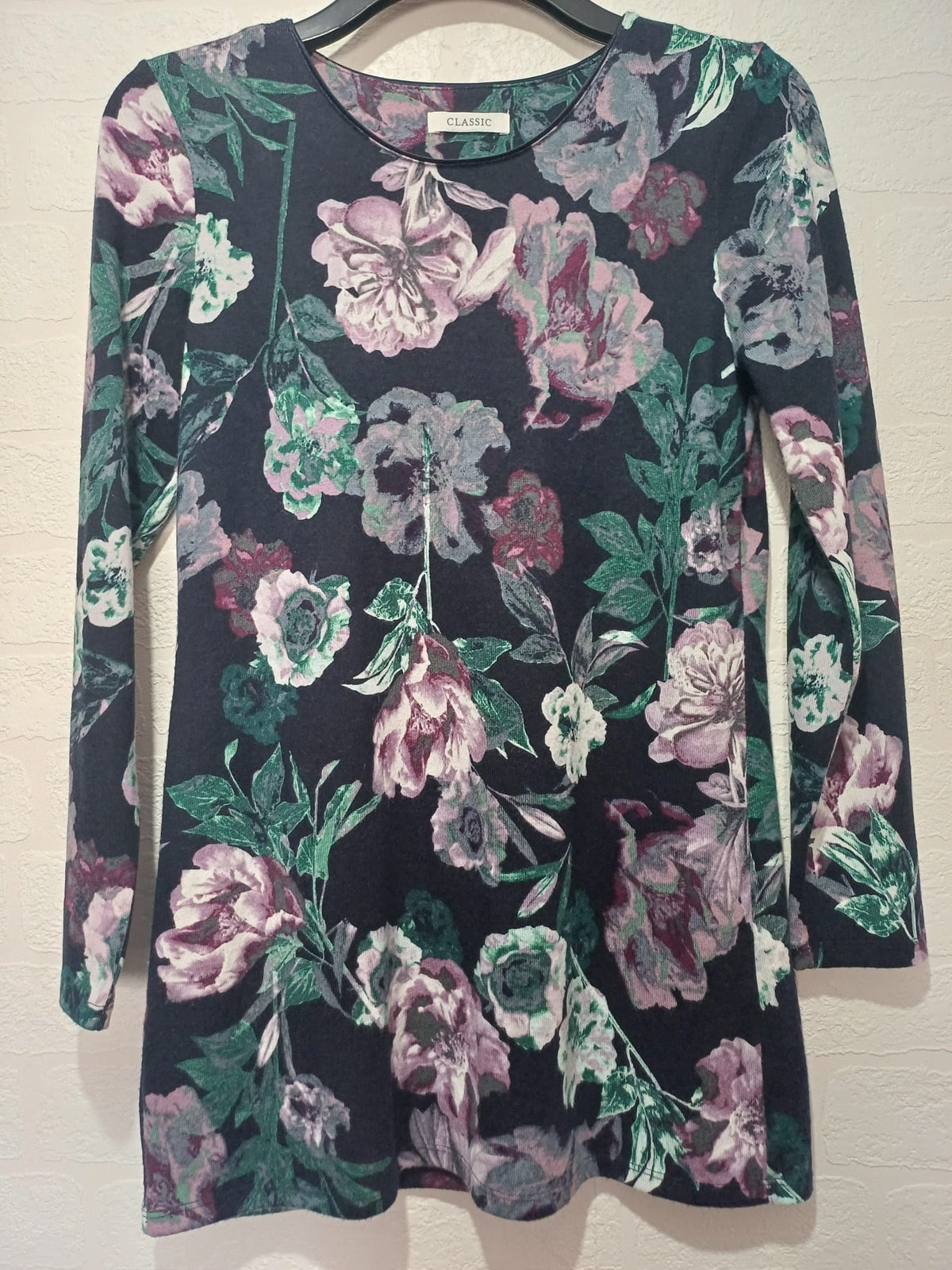 Women's Top M&S Classic Navy Floral Long Sleeve Tunic UK 10 Very Good Pre-Owned Condition