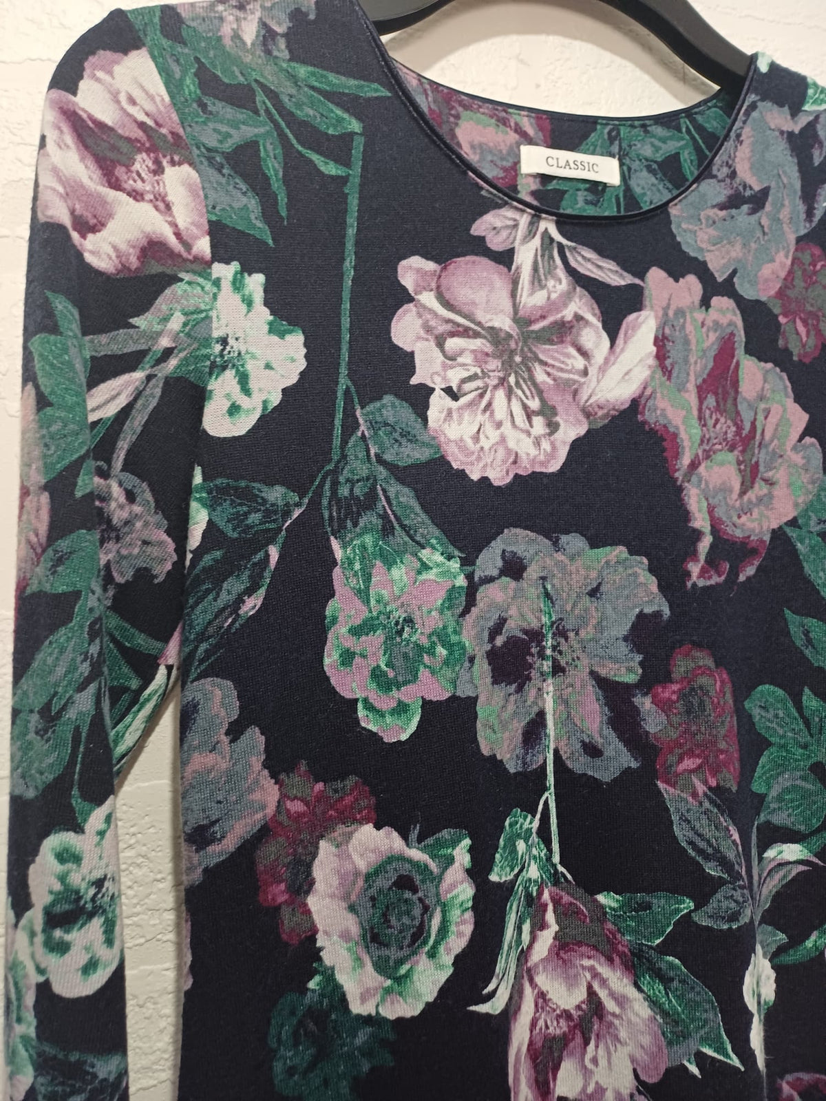 Women's Top M&S Classic Navy Floral Long Sleeve Tunic UK 10 Very Good Pre-Owned Condition