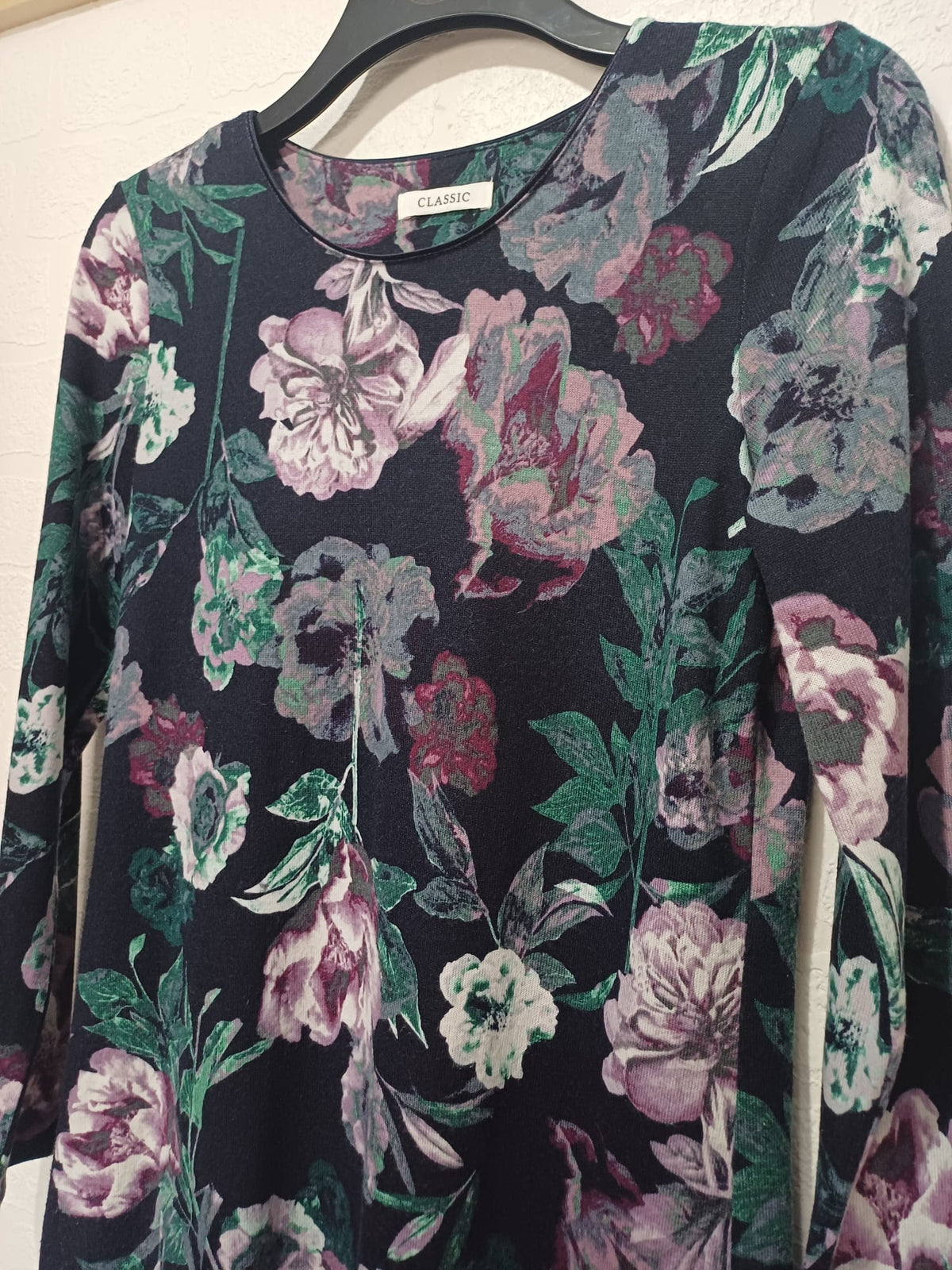 Women's Top M&S Classic Navy Floral Long Sleeve Tunic UK 10 Very Good Pre-Owned Condition