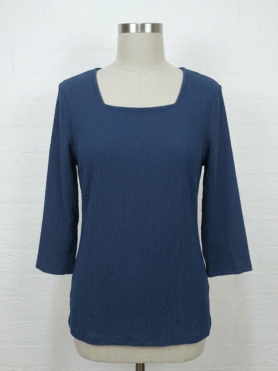 Women's Top Just Elegance Navy Blue Textured Square Neck UK 14 Very Good Pre-Owned Condition