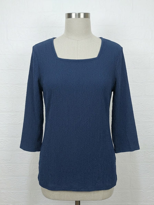 Women's Top Just Elegance Navy Blue Textured Square Neck UK 14 Very Good Pre-Owned Condition
