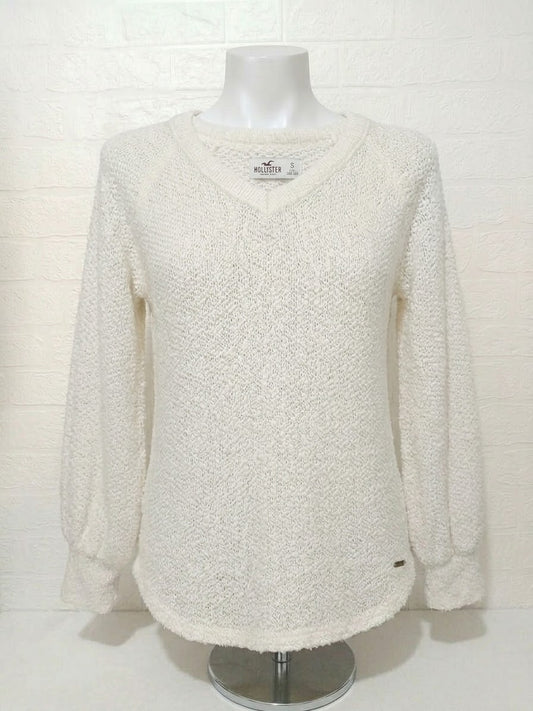 Women's Jumper Hollister Cream V-Neck Fuzzy Knit Size S Excellent Pre-Owned Condition