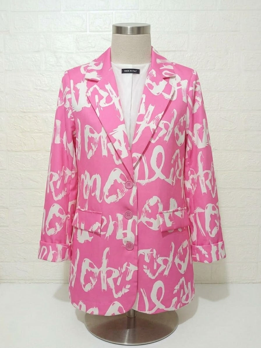 Women's Blazer Made in Italy Hot Pink Graffiti Print Longline Fits UK 10/12 Very Good Pre-Owned Condition