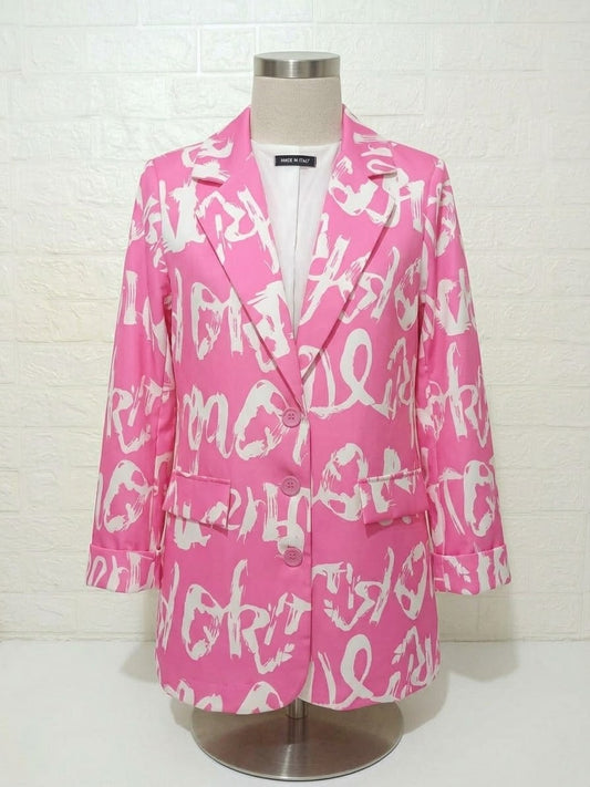 Women's Blazer Made in Italy Hot Pink Graffiti Print Longline Fits UK 10/12 Very Good Pre-Owned Condition