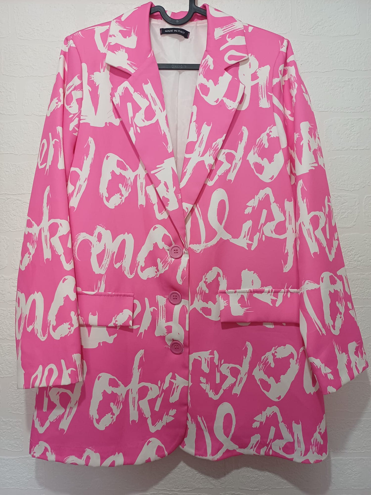 Women's Blazer Made in Italy Hot Pink Graffiti Print Longline Fits UK 10/12 Very Good Pre-Owned Condition