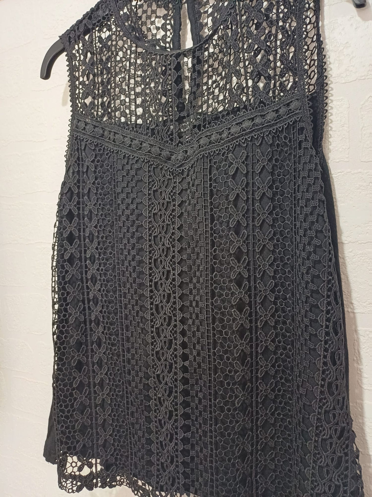 Women's Blouse Dorothy Perkins Black Crochet Lace High Neck Sleeveless UK 10 Very Good Condition