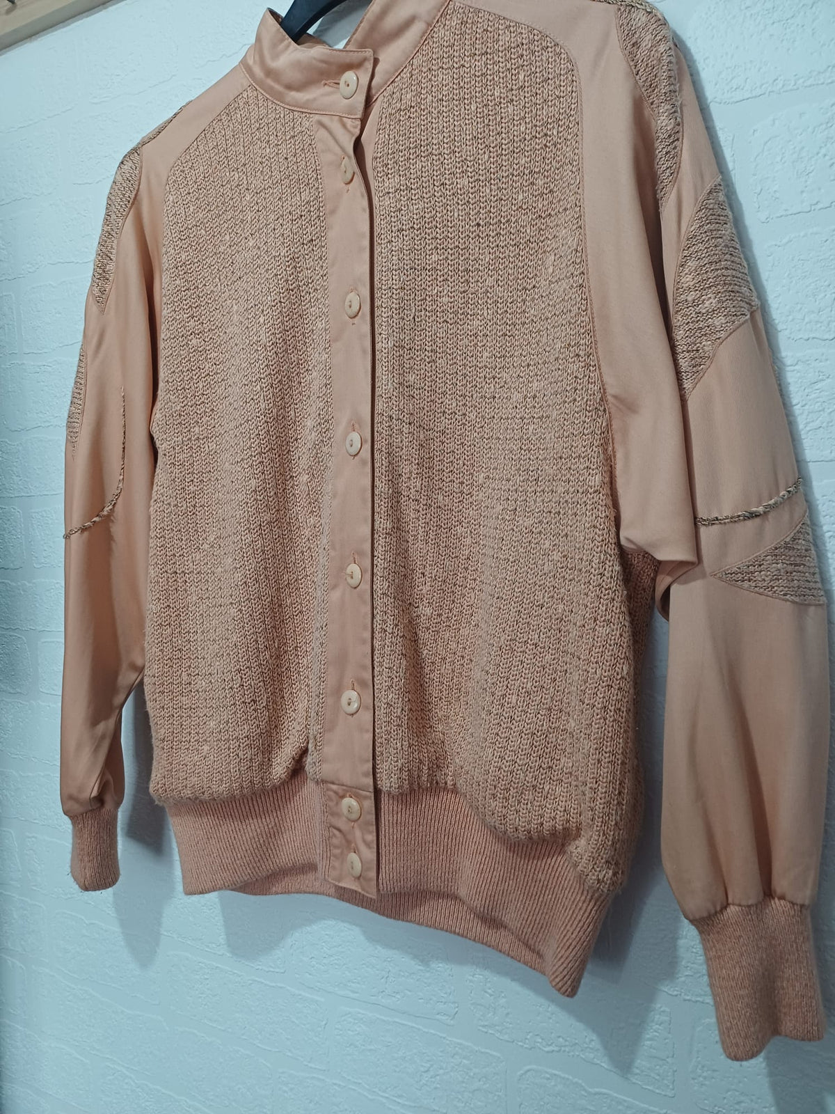 Women's Cardigan Jacket Linea Hauber Peach Vintage Knit & Satin Bomber Size 10 Great Condition
