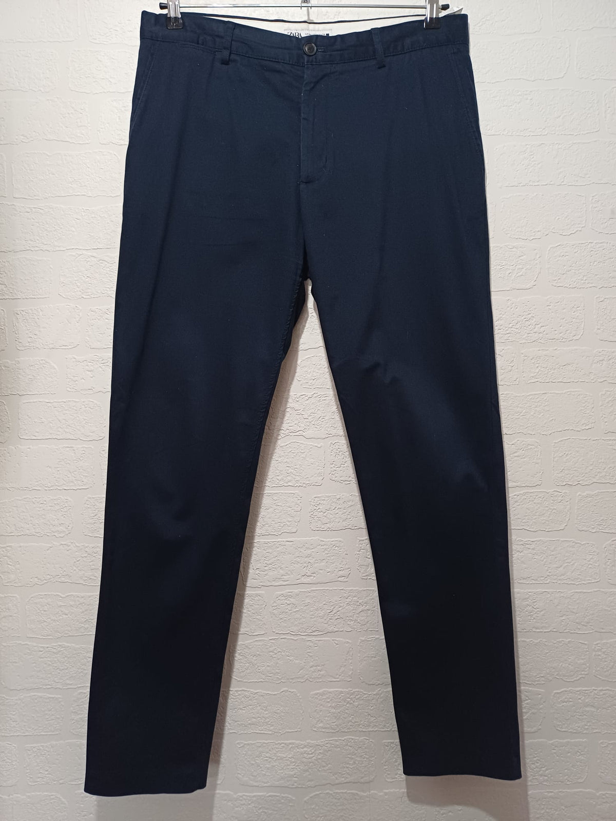 Men's Chino Trousers Zara Man Navy Blue Slim Fit Cotton Stretch Measured Approx. W36 L30 Very Good Condition