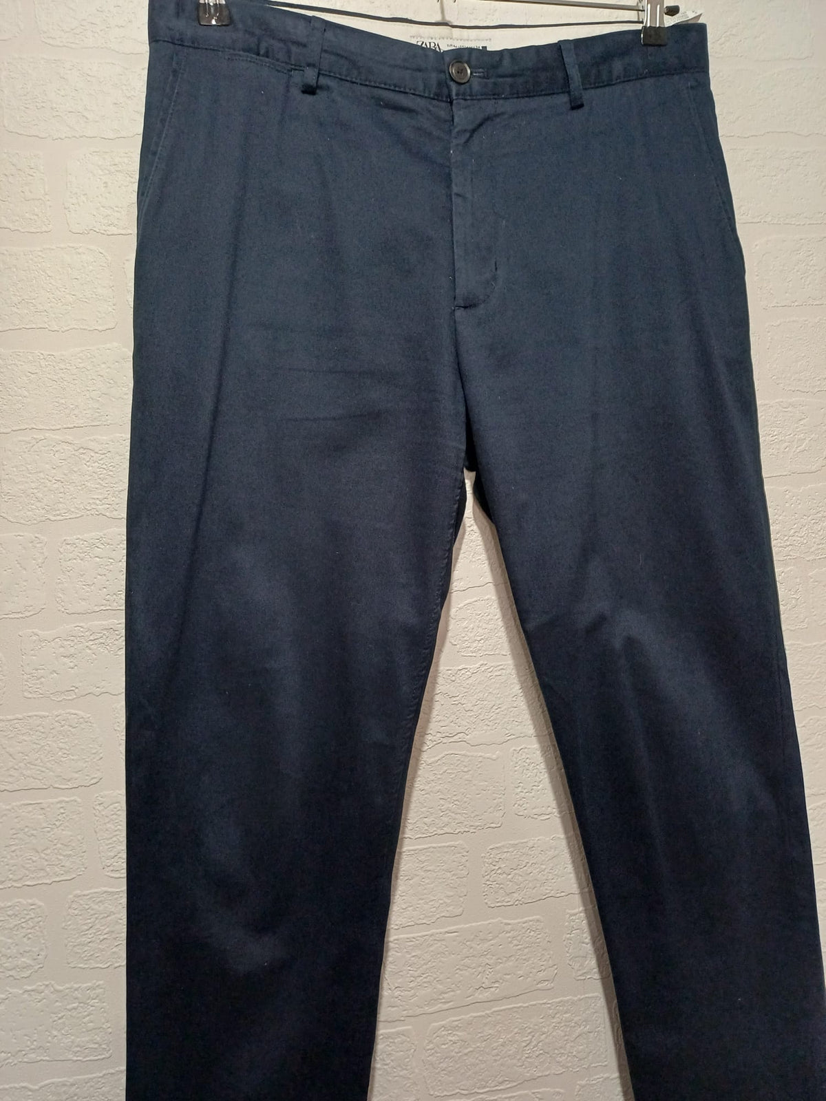 Men's Chino Trousers Zara Man Navy Blue Slim Fit Cotton Stretch Measured Approx. W36 L30 Very Good Condition