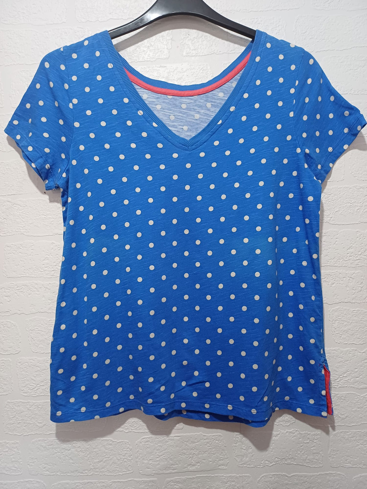 Women's T-Shirt Joules Blue White Polka Dot V-Neck Short Sleeve Approx. UK 12/14 Very Good Condition