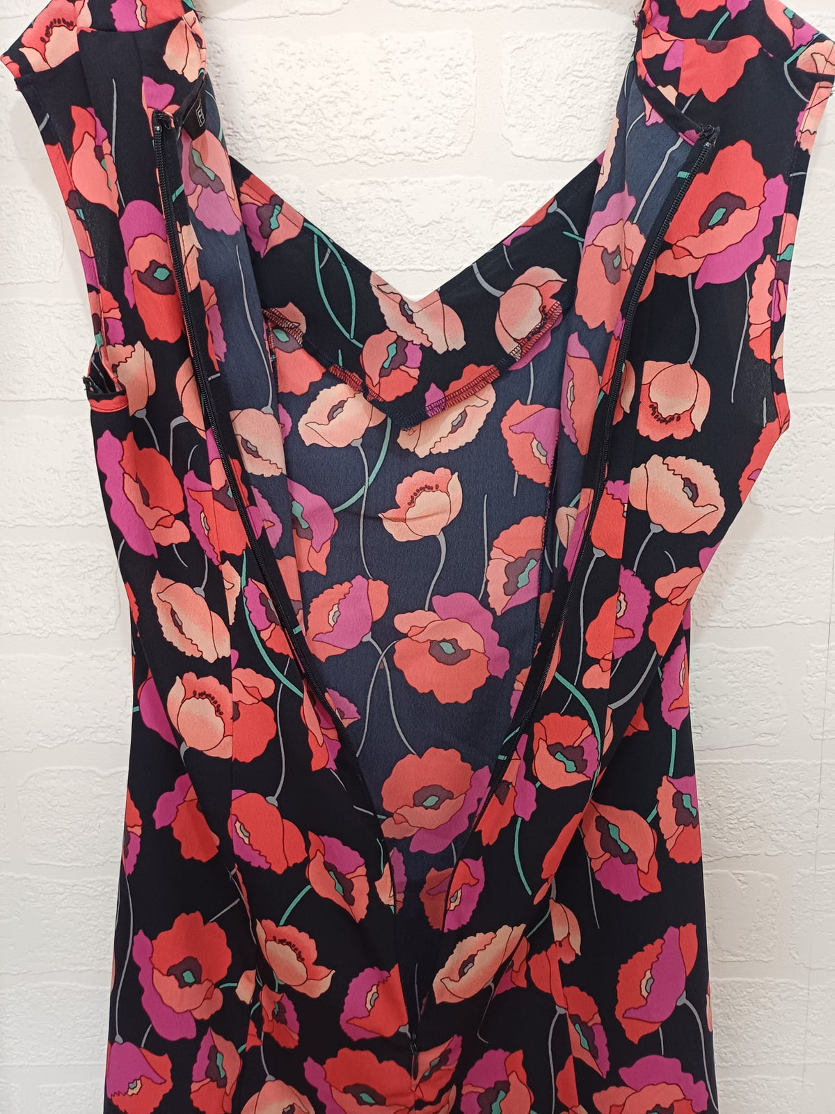 Women's Dress F&F Black Pink Poppy Floral V-Neck Cap Sleeve Skater Size 10 Very Good Condition