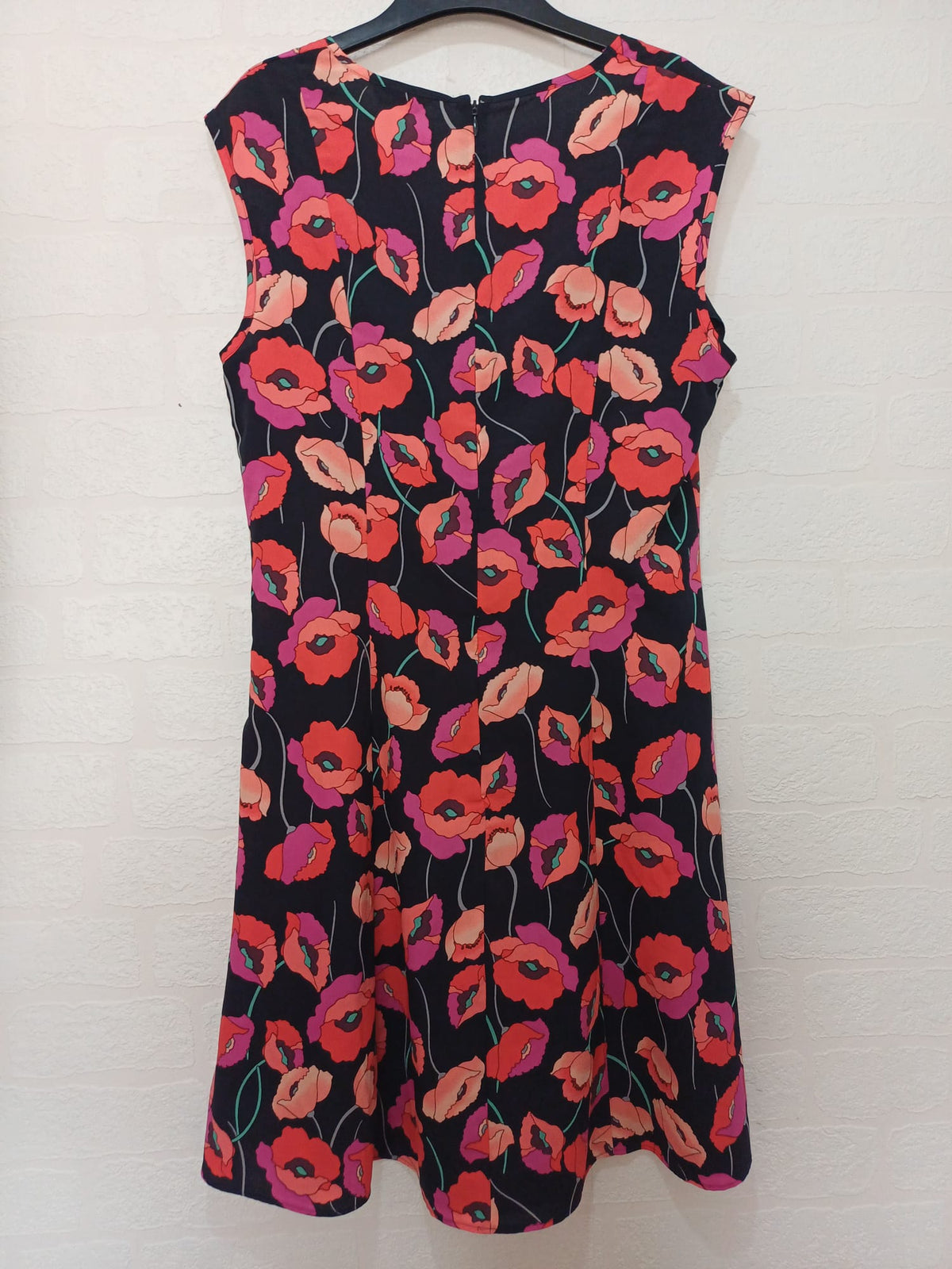 Women's Dress F&F Black Pink Poppy Floral V-Neck Cap Sleeve Skater Size 10 Very Good Condition