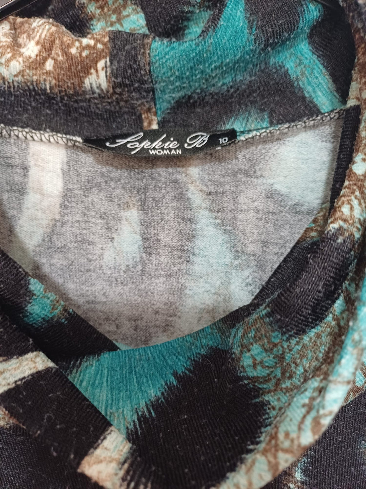 Women's Top Sophie B Teal Brown Black Animal Print Cowl Neck Long Sleeve Size 10 Very Good Condition