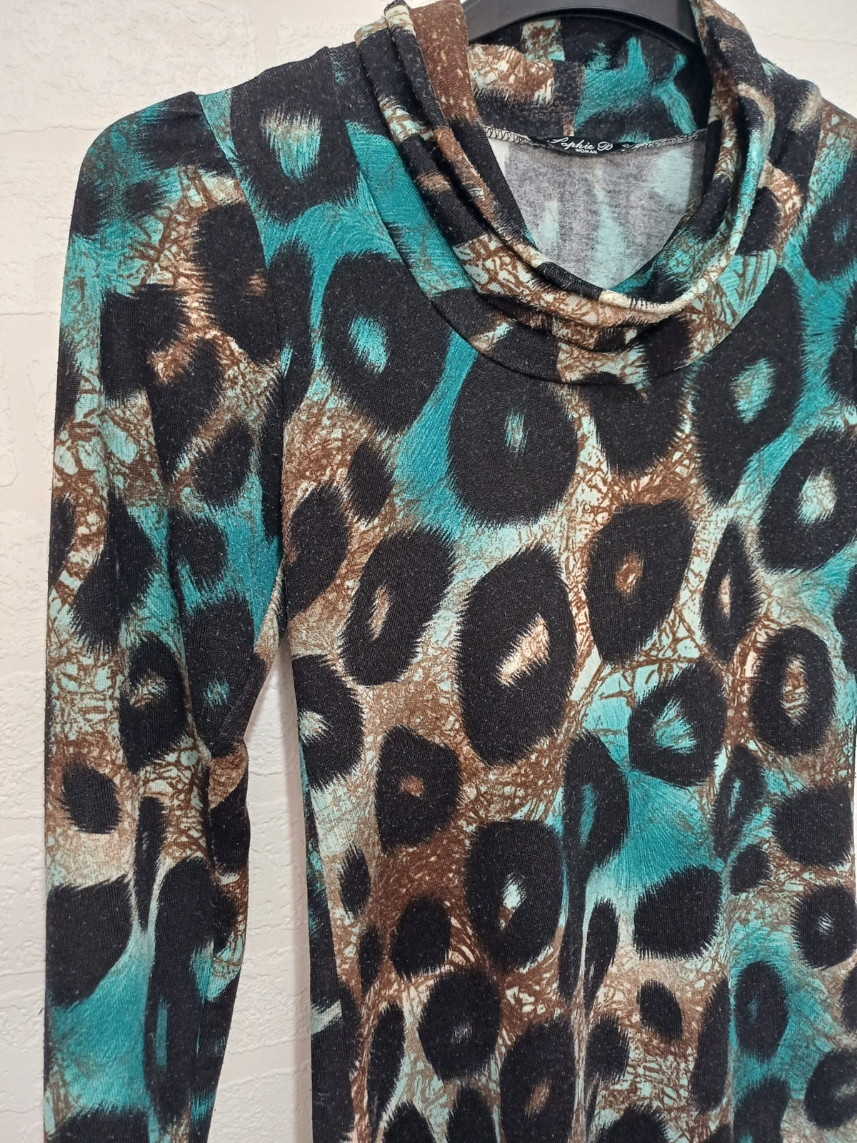 Women's Top Sophie B Teal Brown Black Animal Print Cowl Neck Long Sleeve Size 10 Very Good Condition