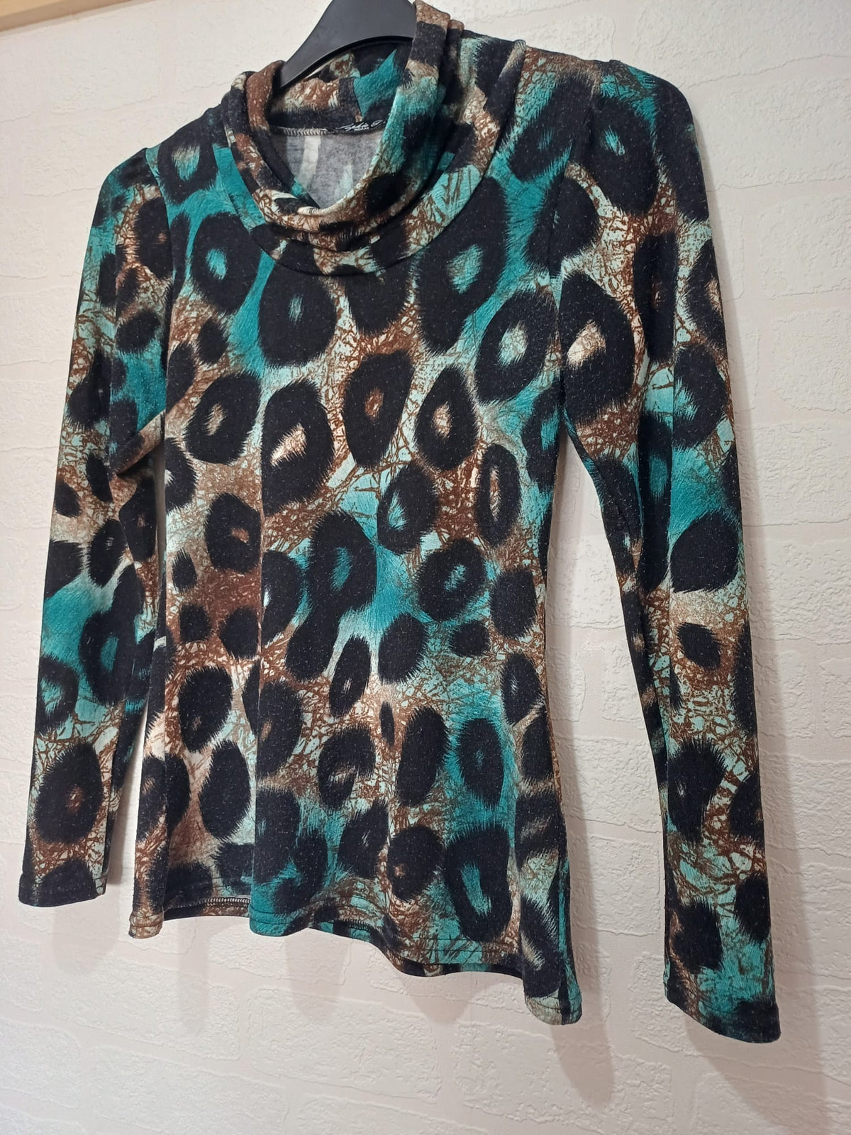Women's Top Sophie B Teal Brown Black Animal Print Cowl Neck Long Sleeve Size 10 Very Good Condition