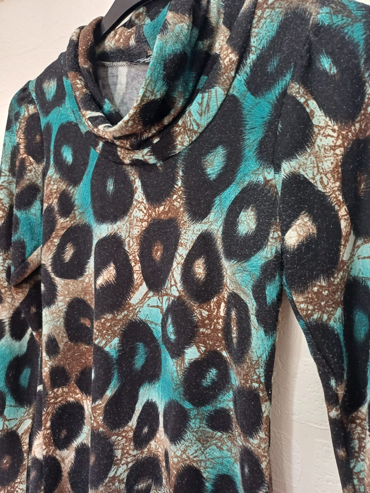 Women's Top Sophie B Teal Brown Black Animal Print Cowl Neck Long Sleeve Size 10 Very Good Condition