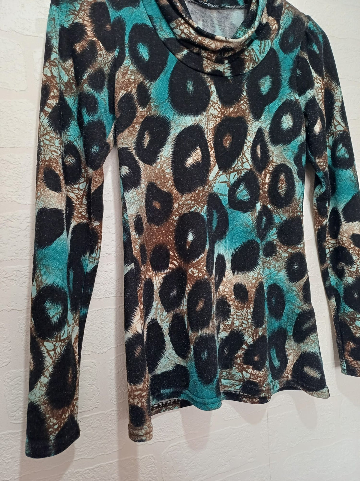 Women's Top Sophie B Teal Brown Black Animal Print Cowl Neck Long Sleeve Size 10 Very Good Condition