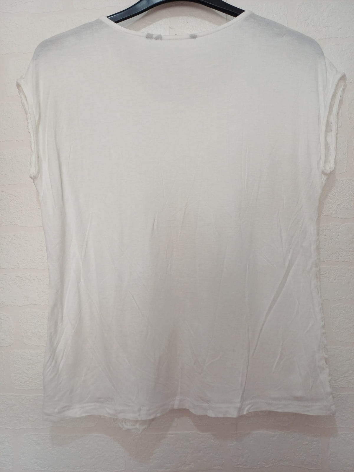 Women's Blouse White Floral Guipure Lace Overlay Scoop Neck Short Sleeve Approx. UK 12 Very Good Condition