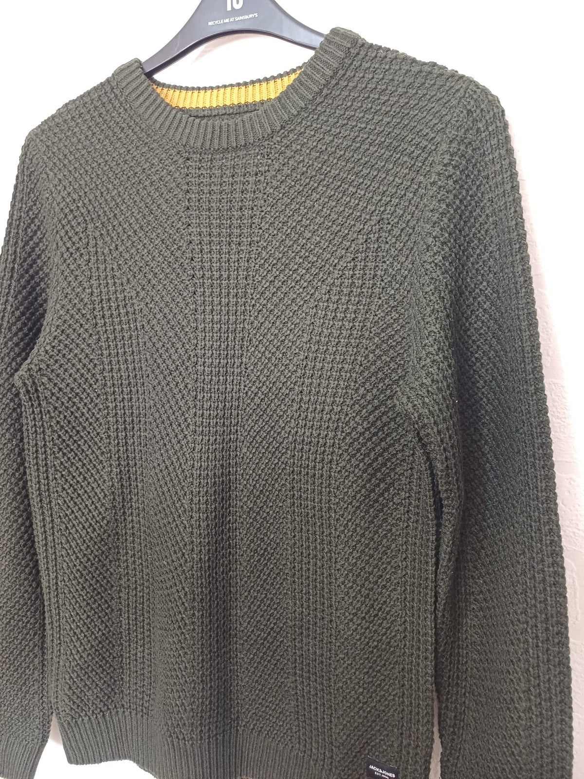 Men's Jumper Jack & Jones Olive Green Textured Knit Crew Neck Size Medium Very Good Condition