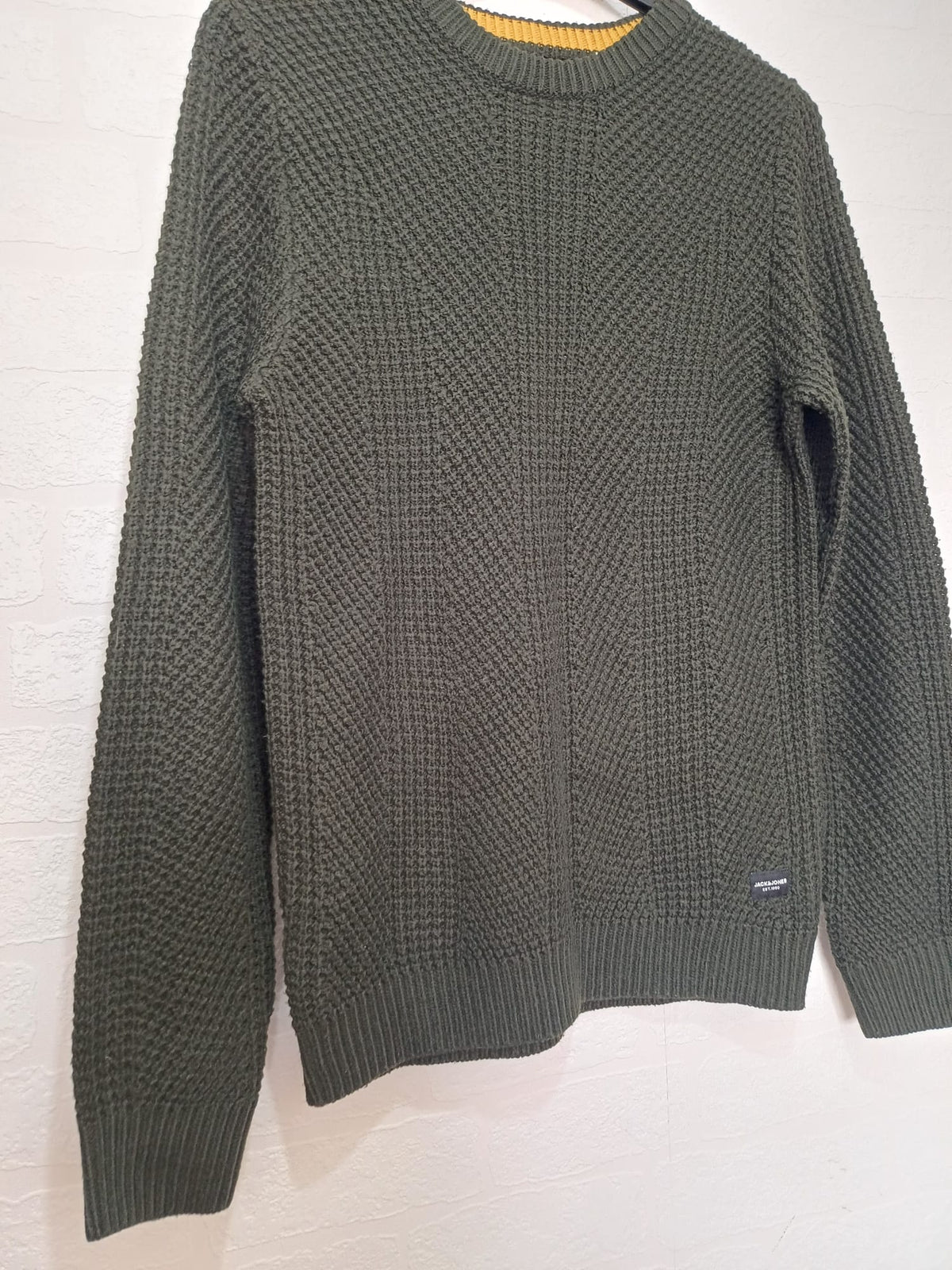 Men's Jumper Jack & Jones Olive Green Textured Knit Crew Neck Size Medium Very Good Condition