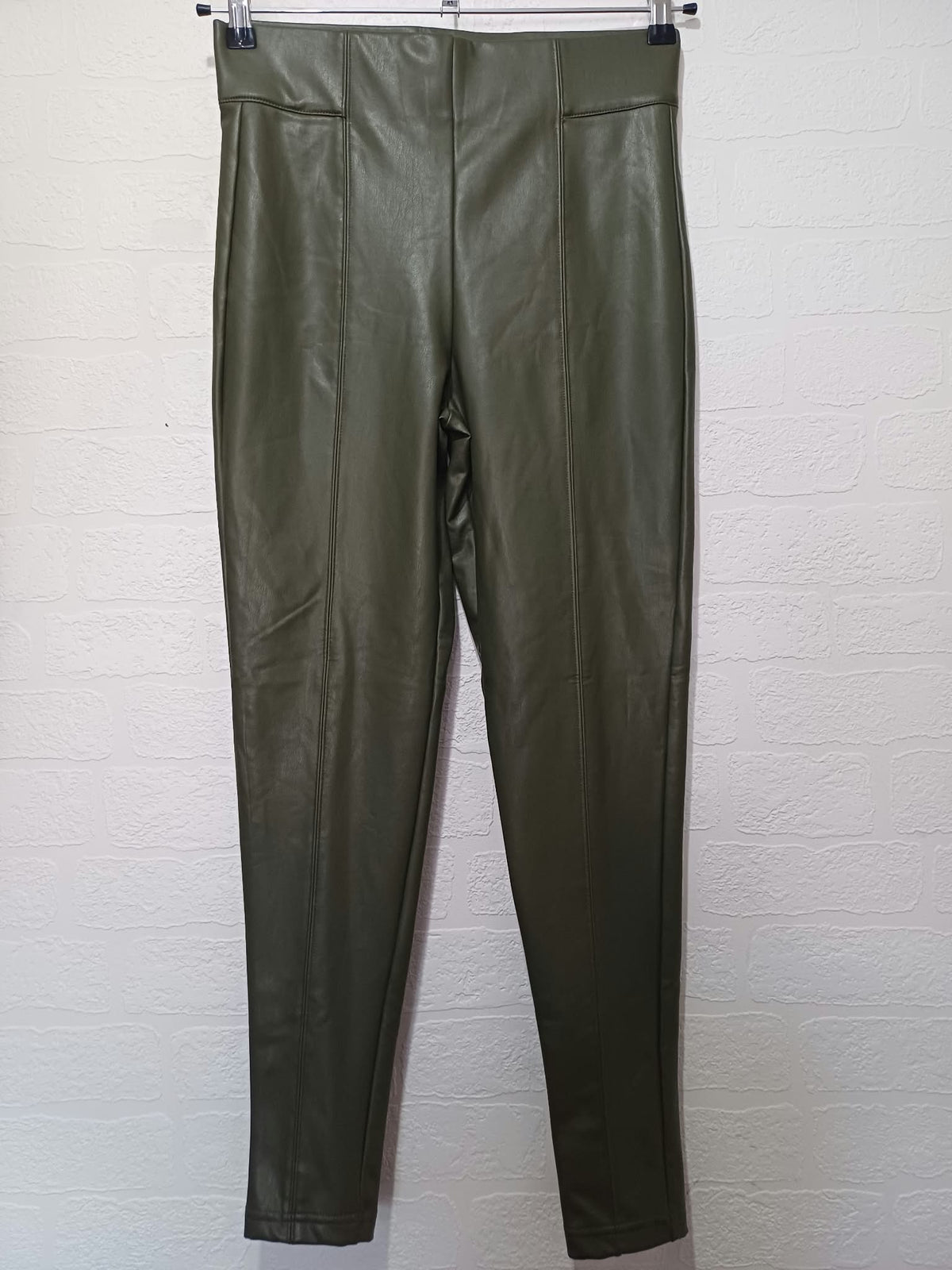 Women's Leggings Trousers M&S Collection Khaki Green Faux Leather Coated Front Seam Size 10 Very Good Condition
