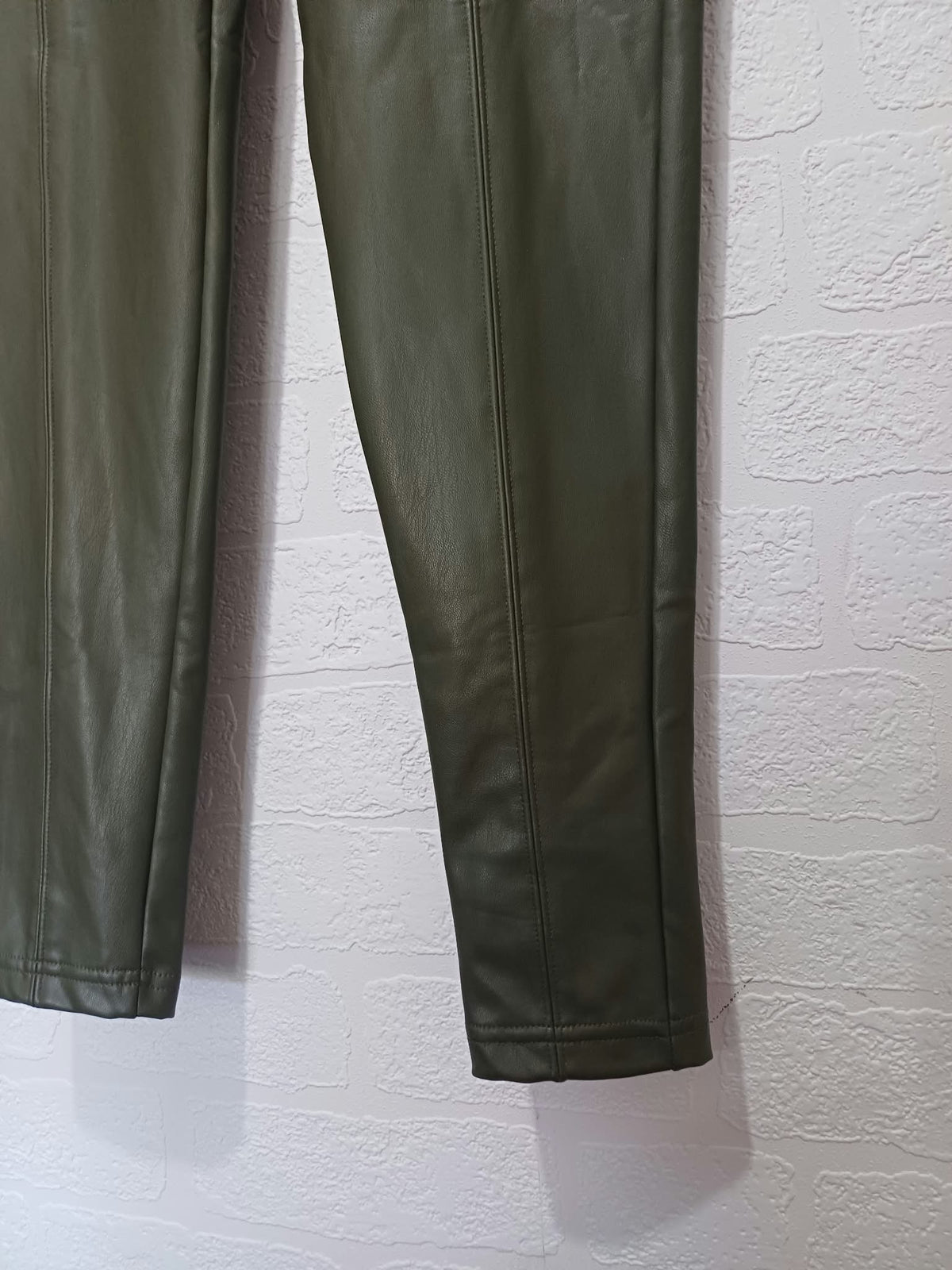 Women's Leggings Trousers M&S Collection Khaki Green Faux Leather Coated Front Seam Size 10 Very Good Condition