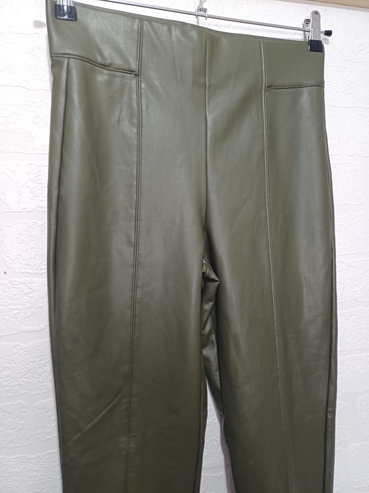 Women's Leggings Trousers M&S Collection Khaki Green Faux Leather Coated Front Seam Size 10 Very Good Condition