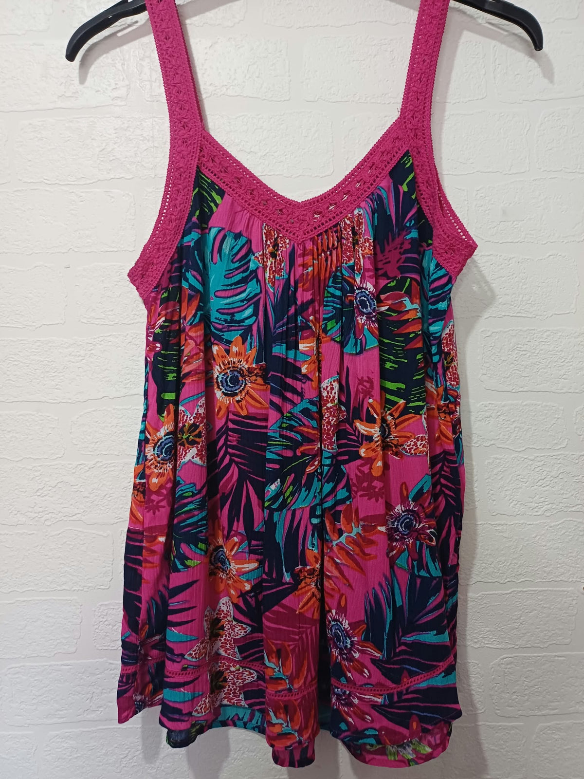 Women's Cami Vest Top George Pink Tropical Floral Print Crochet Trim Size 12 Very Good Condition