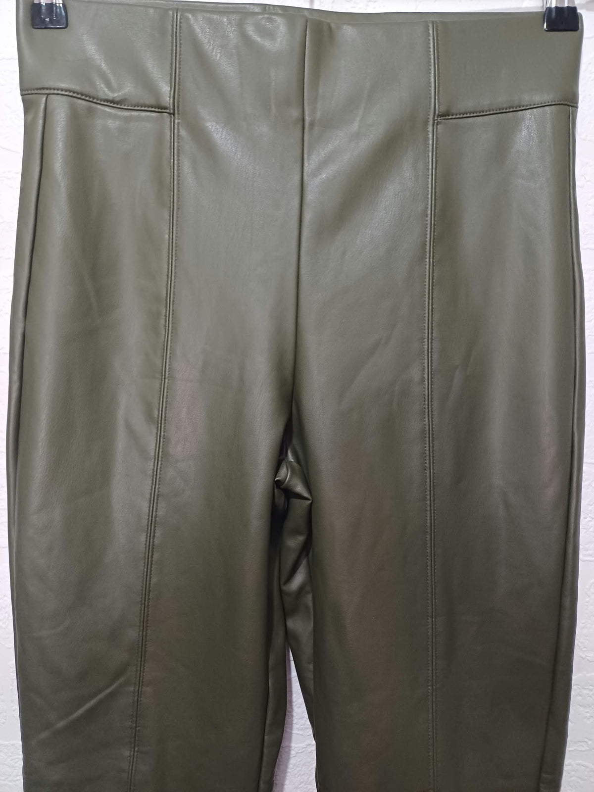 Women's Leggings Trousers M&S Collection Khaki Green Faux Leather Coated Front Seam Size 10 Very Good Condition