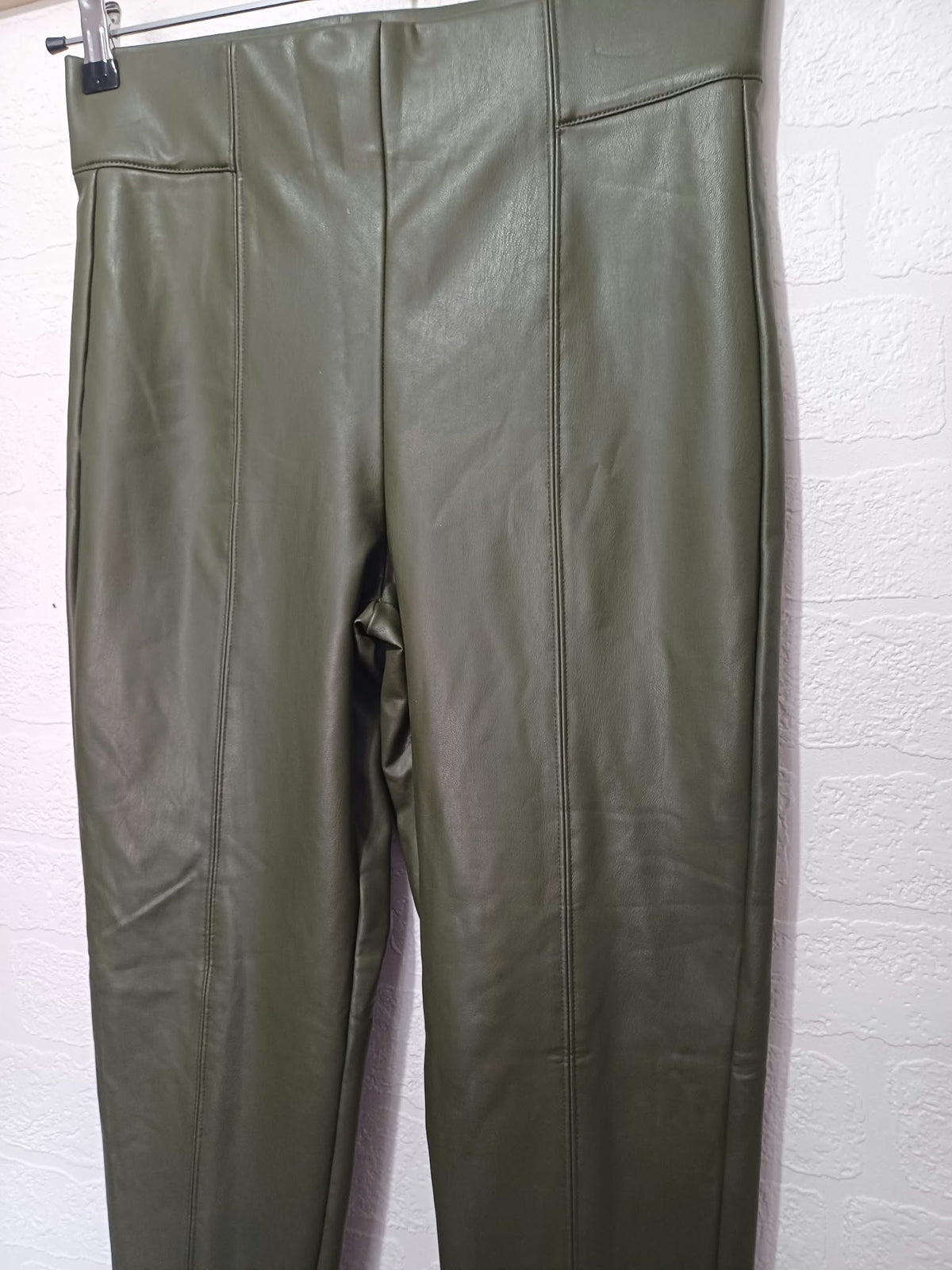 Women's Leggings Trousers M&S Collection Khaki Green Faux Leather Coated Front Seam Size 10 Very Good Condition