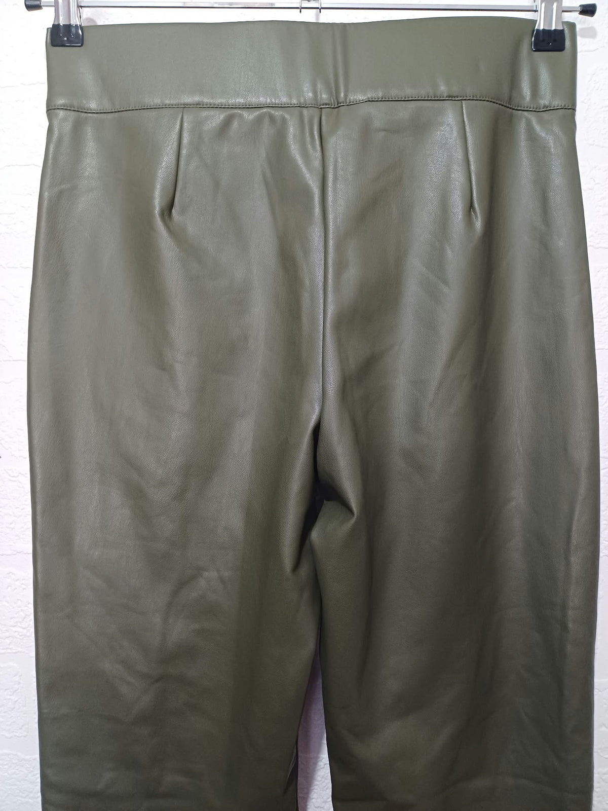 Women's Leggings Trousers M&S Collection Khaki Green Faux Leather Coated Front Seam Size 10 Very Good Condition