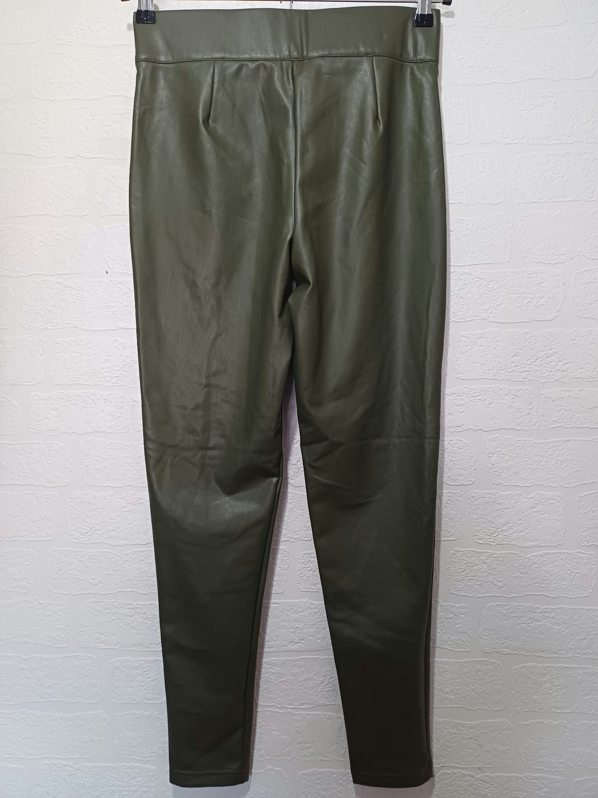 Women's Leggings Trousers M&S Collection Khaki Green Faux Leather Coated Front Seam Size 10 Very Good Condition