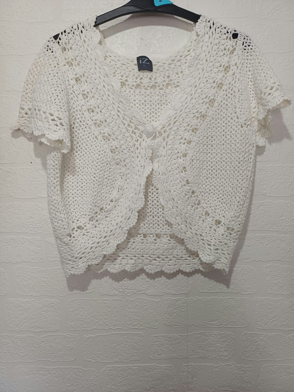 Women's Bolero Cardigan iZ White Cotton Crochet Short Sleeve Size L Very Good Condition