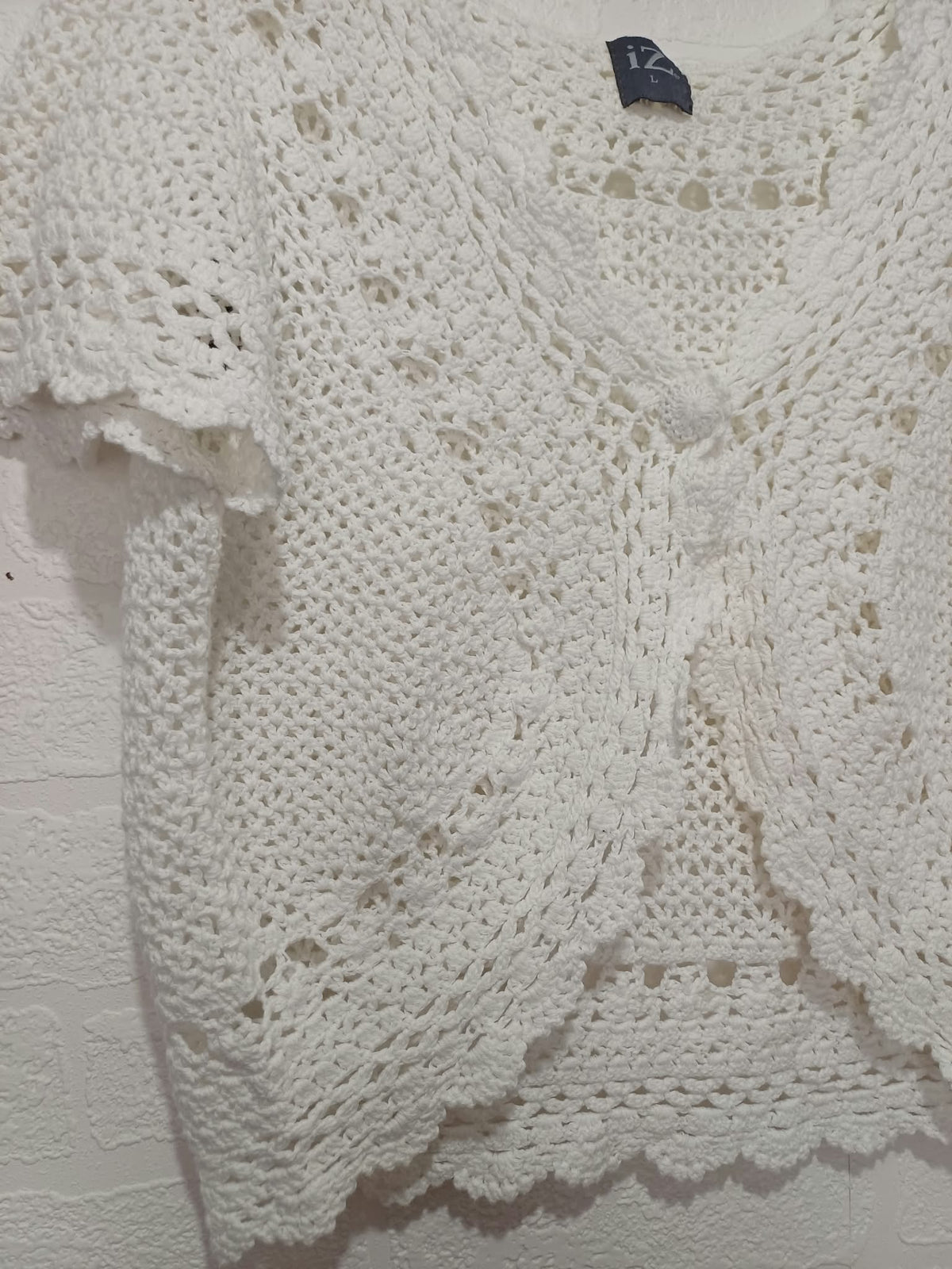 Women's Bolero Cardigan iZ White Cotton Crochet Short Sleeve Size L Very Good Condition