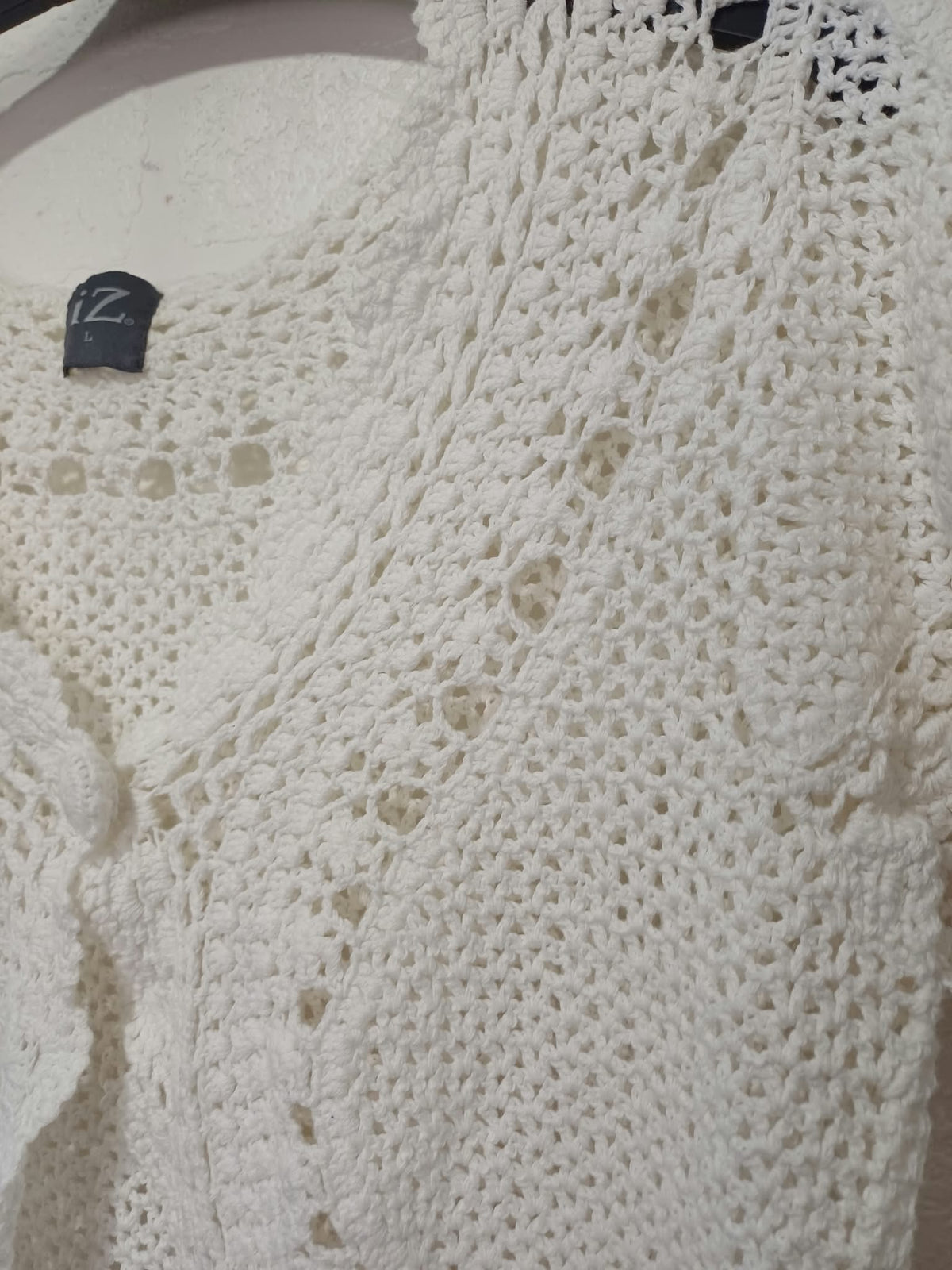 Women's Bolero Cardigan iZ White Cotton Crochet Short Sleeve Size L Very Good Condition