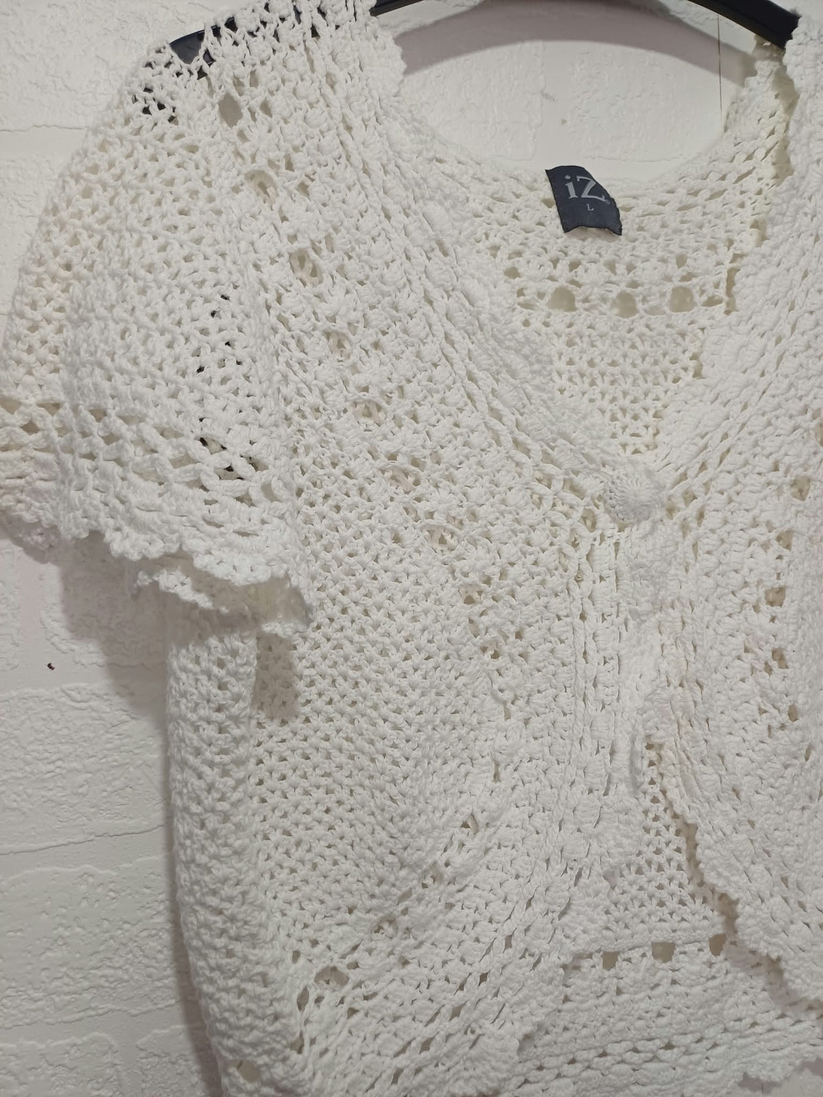 Women's Bolero Cardigan iZ White Cotton Crochet Short Sleeve Size L Very Good Condition