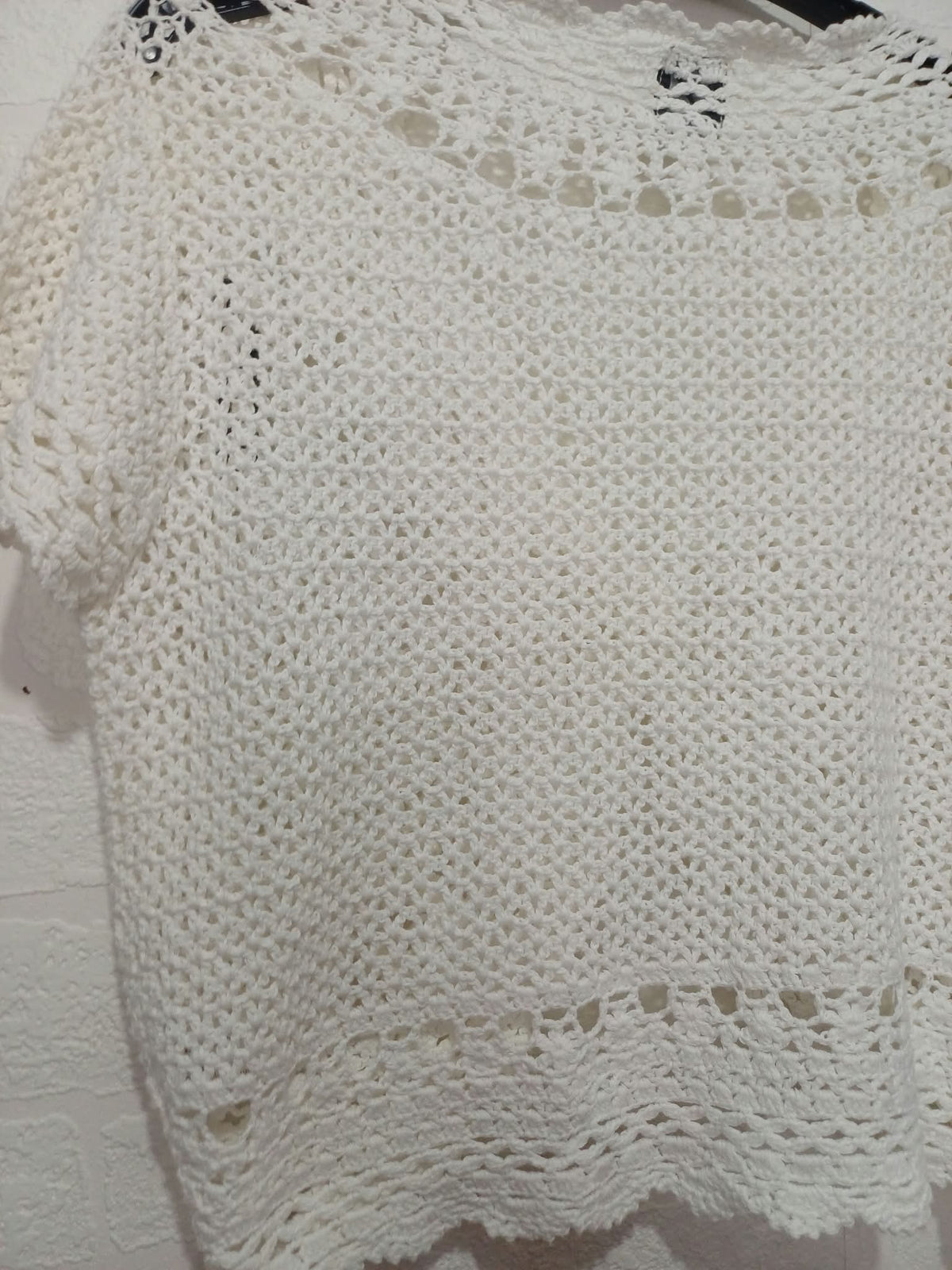 Women's Bolero Cardigan iZ White Cotton Crochet Short Sleeve Size L Very Good Condition